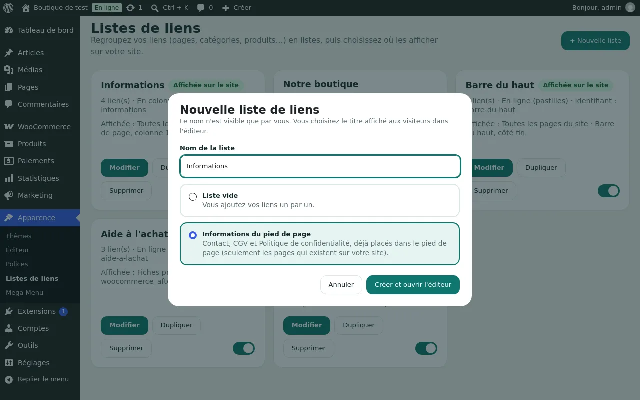 Fenêtre « Nouvelle liste de liens » avec le nom et le modèle de départ