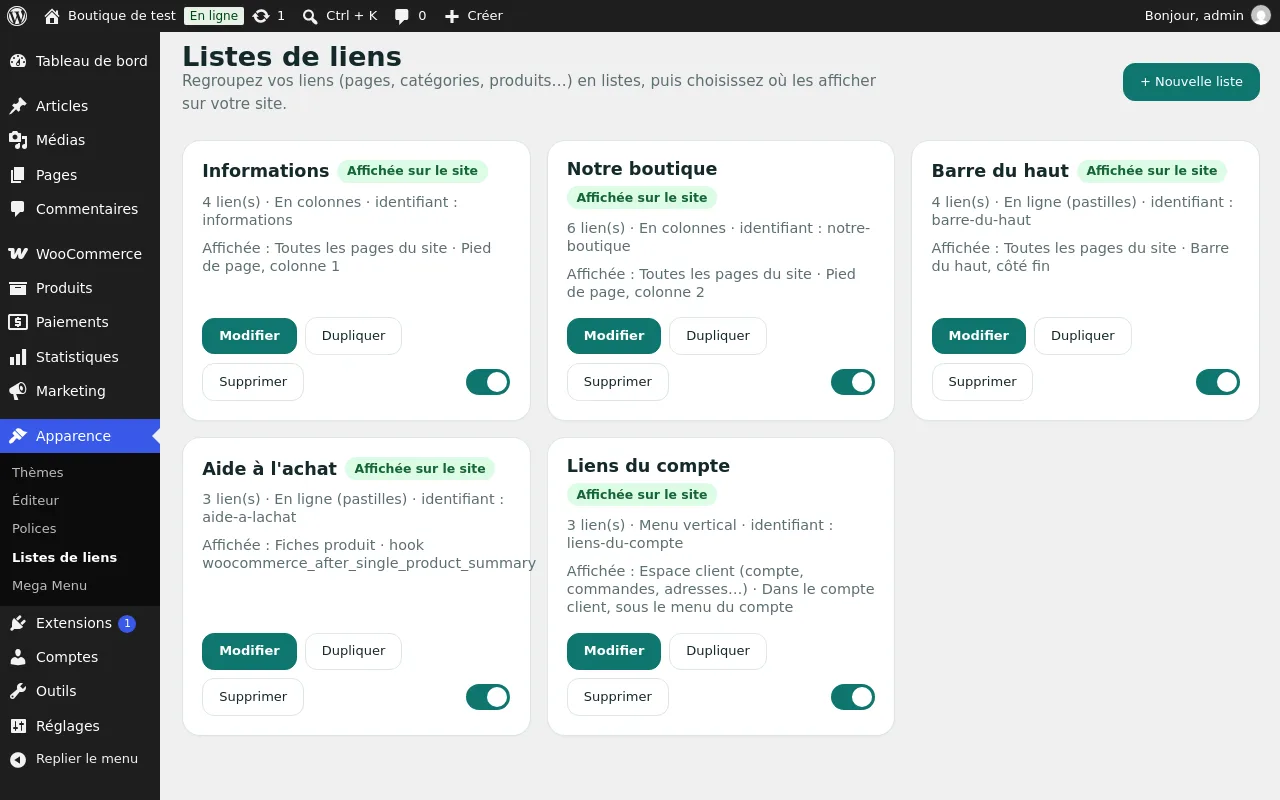 Tableau de bord avec cinq listes, leur état et leurs emplacements
