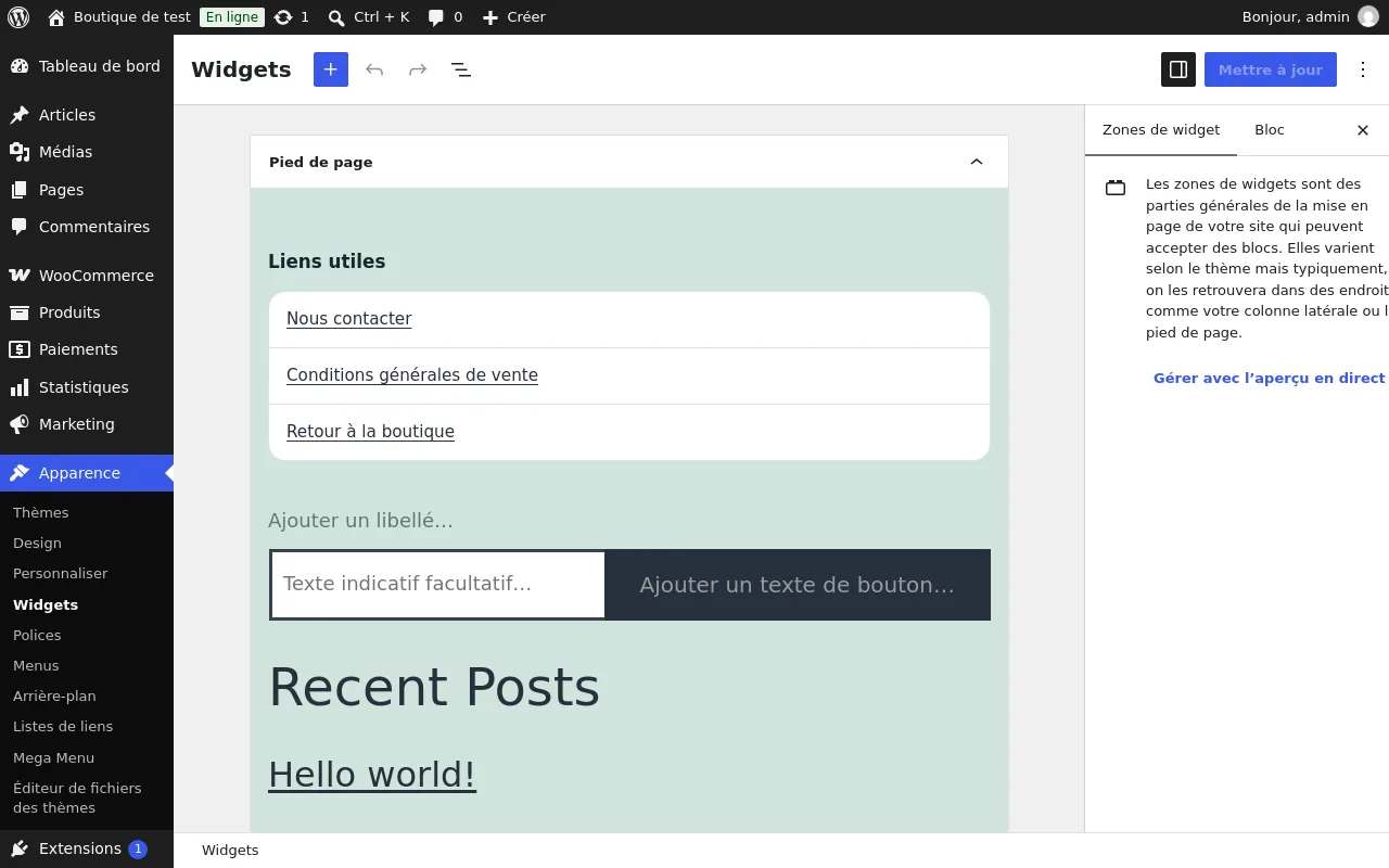 Widget Websource Liste de liens dans la zone « Pied de page » de Twenty Twenty-One