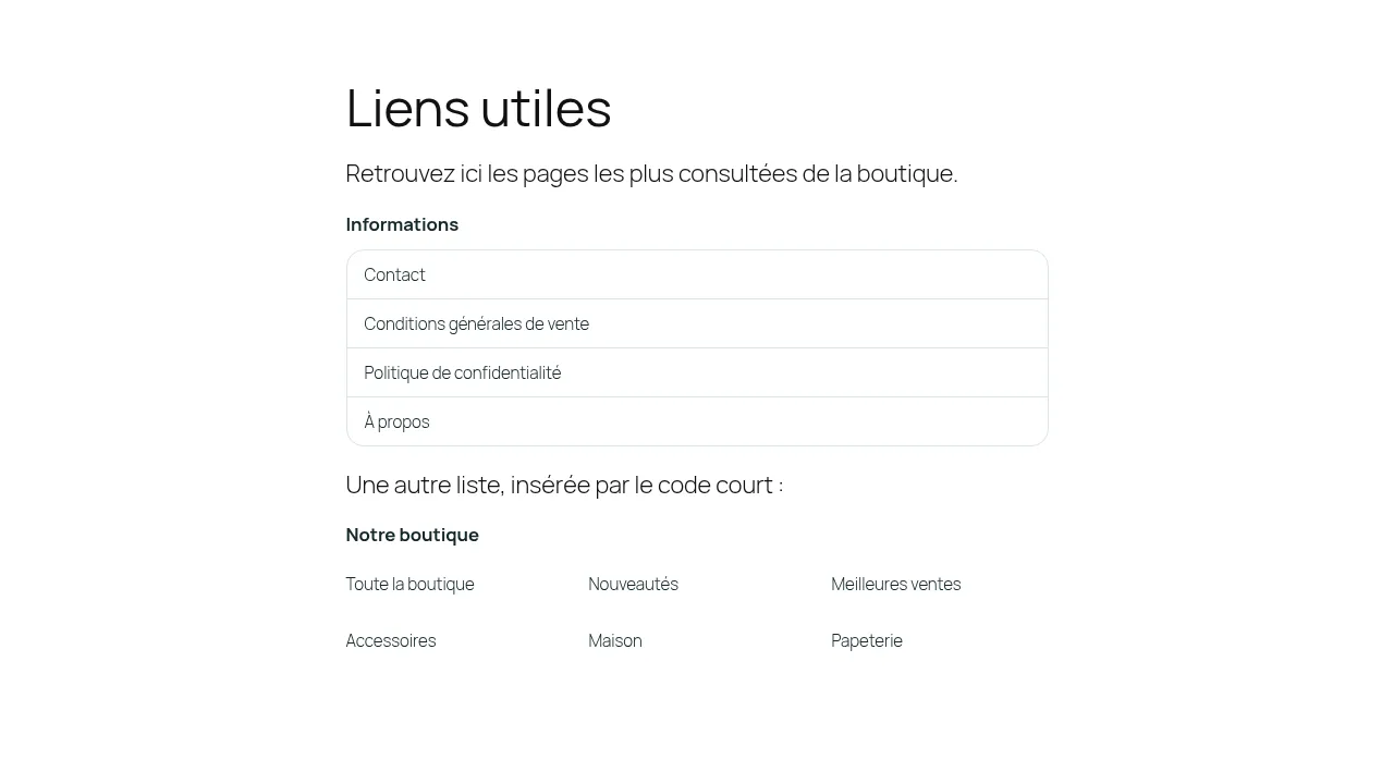 Page avec une liste insérée par le bloc en menu vertical et une autre par le code court