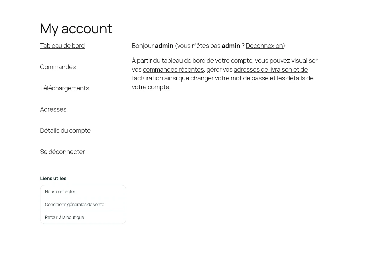 Espace client avec la liste « Liens utiles » sous le menu du compte