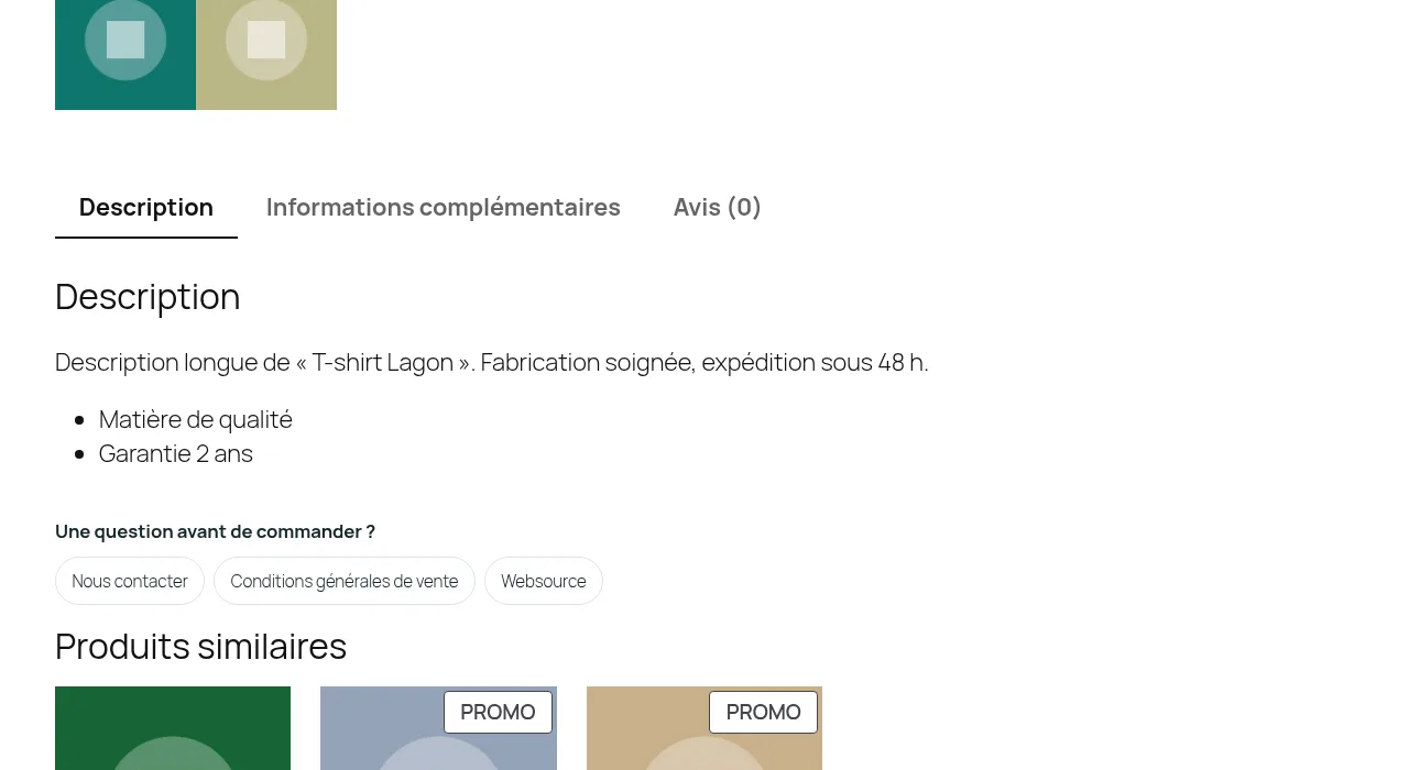 Fiche produit avec la liste « Une question avant de commander ? » après la description