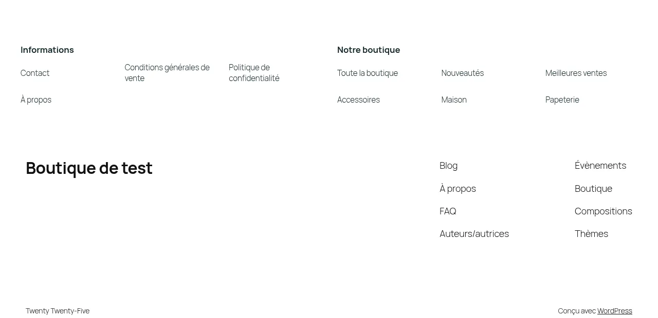 Pied de page du site avec les listes « Informations » et « Notre boutique » en colonnes