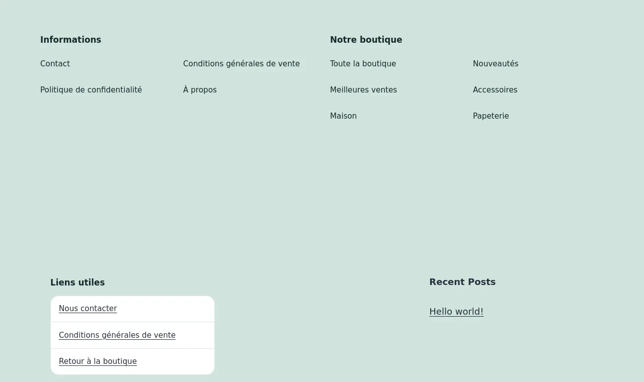 Thème classique Twenty Twenty-One : les deux colonnes du pied de page au-dessus de la zone de widgets