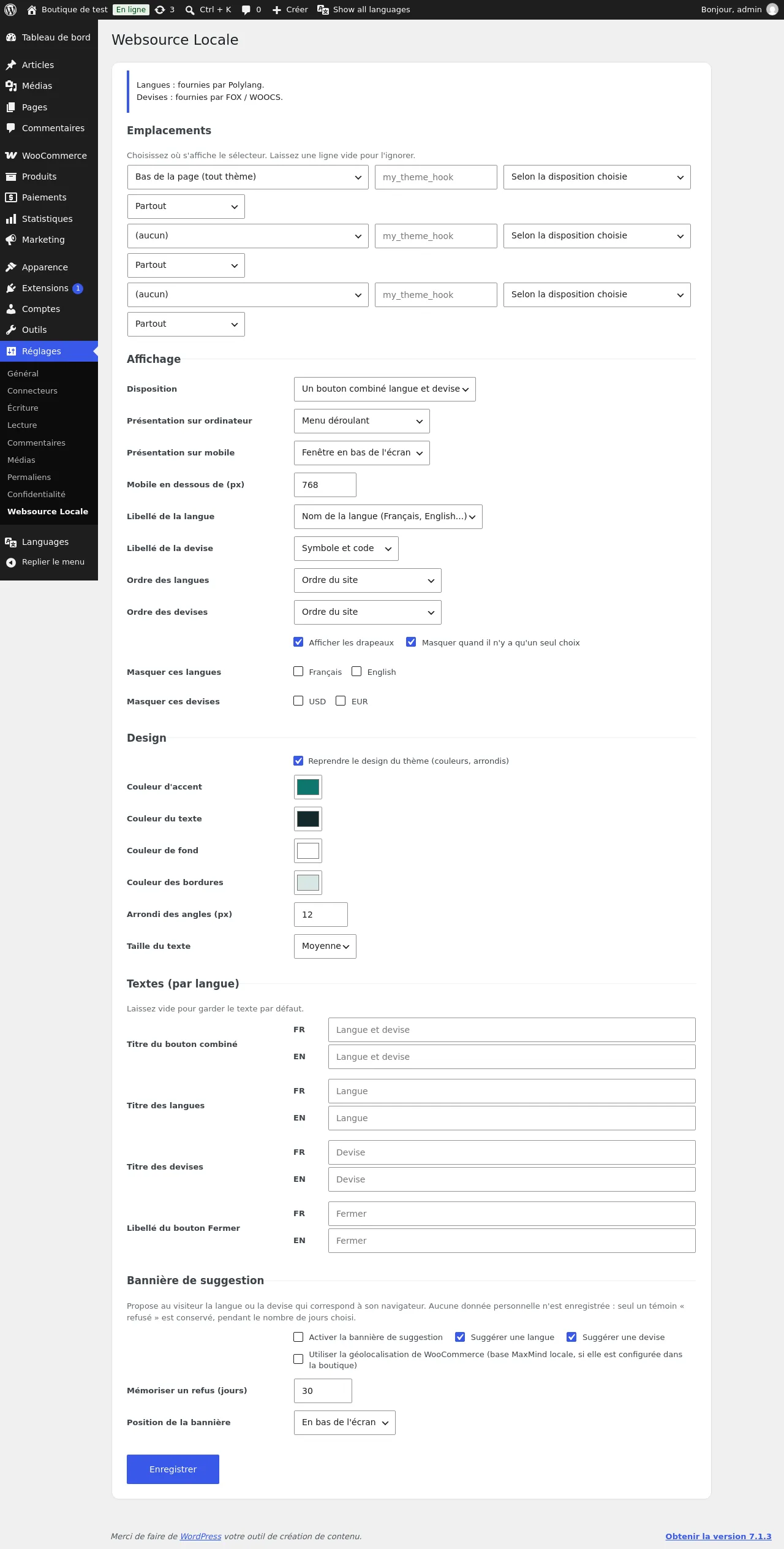 Écran de réglages de Websource Locale
