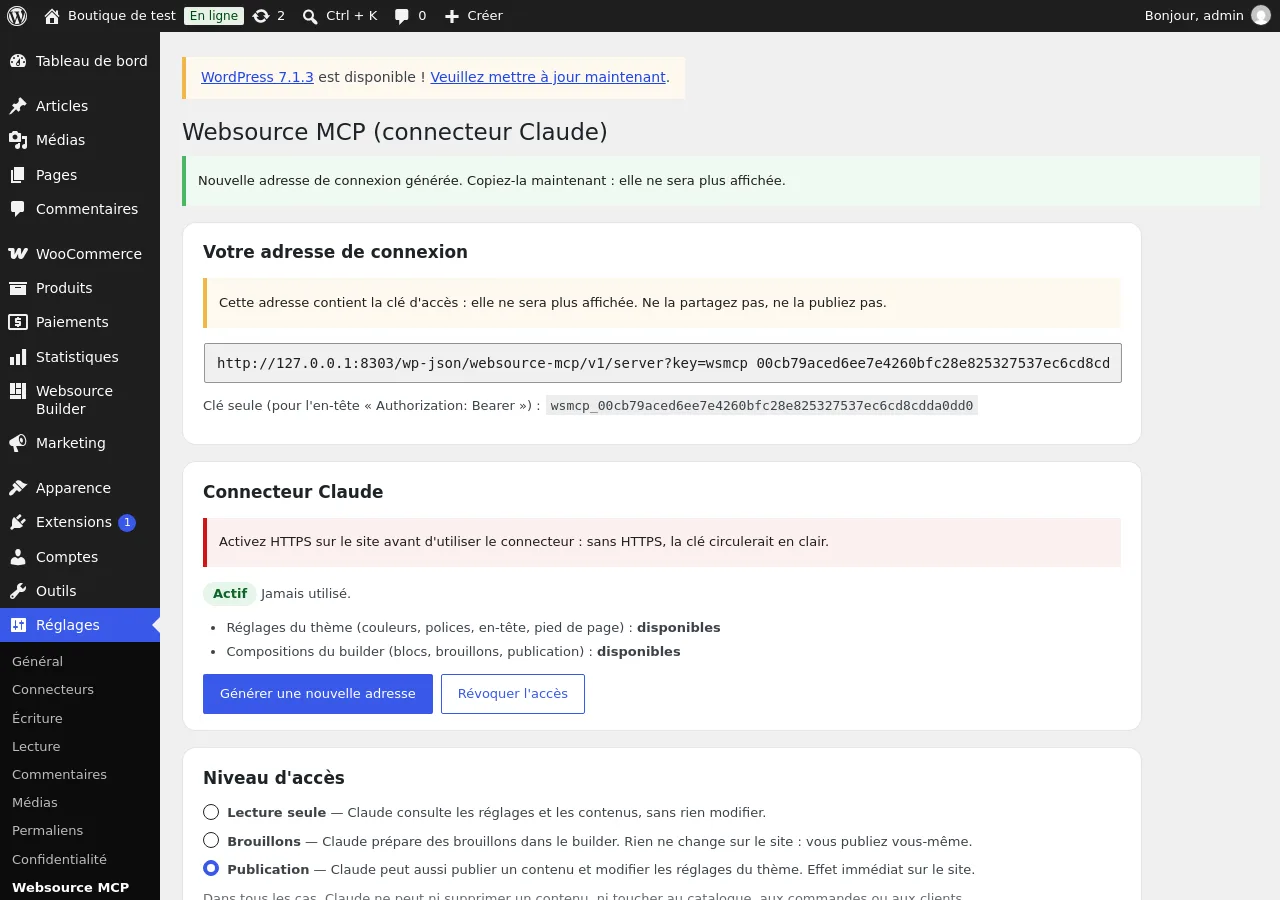 Adresse de connexion affichée une seule fois après sa génération