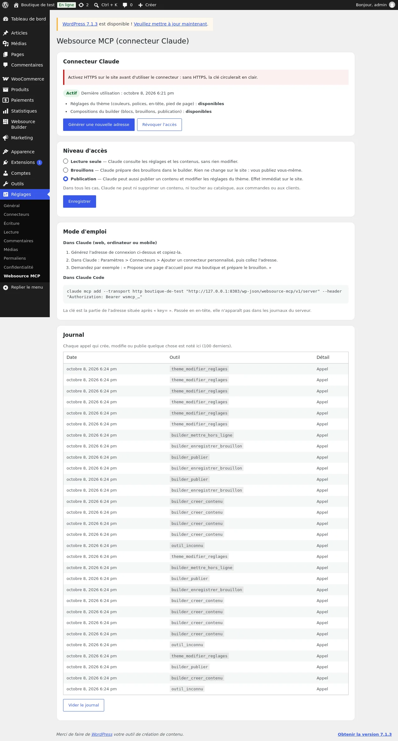 Page de réglages du connecteur : état, niveau d'accès, mode d'emploi et journal