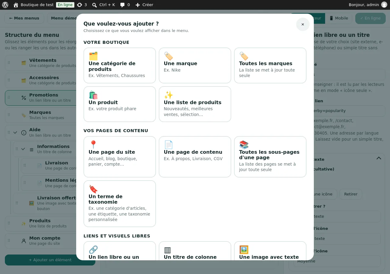 Fenêtre « Que voulez-vous ajouter ? »