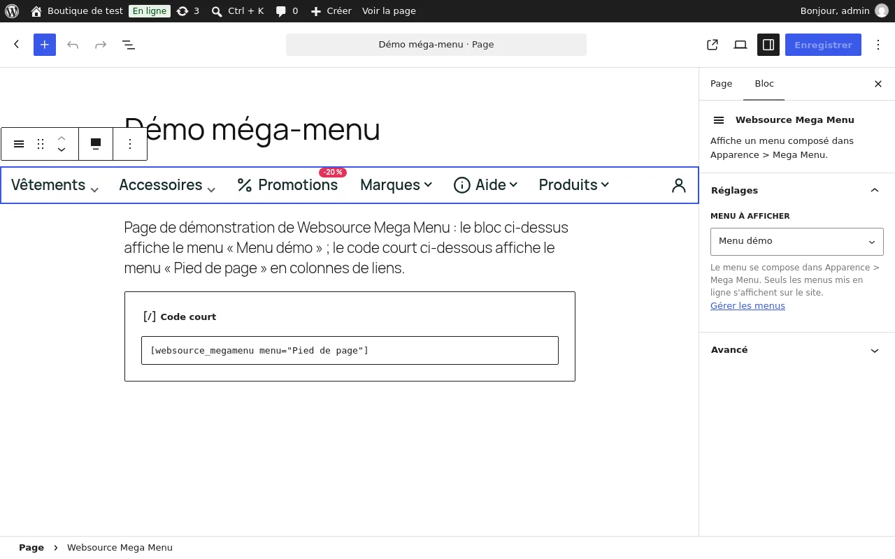 Bloc Websource Mega Menu dans l'éditeur de blocs