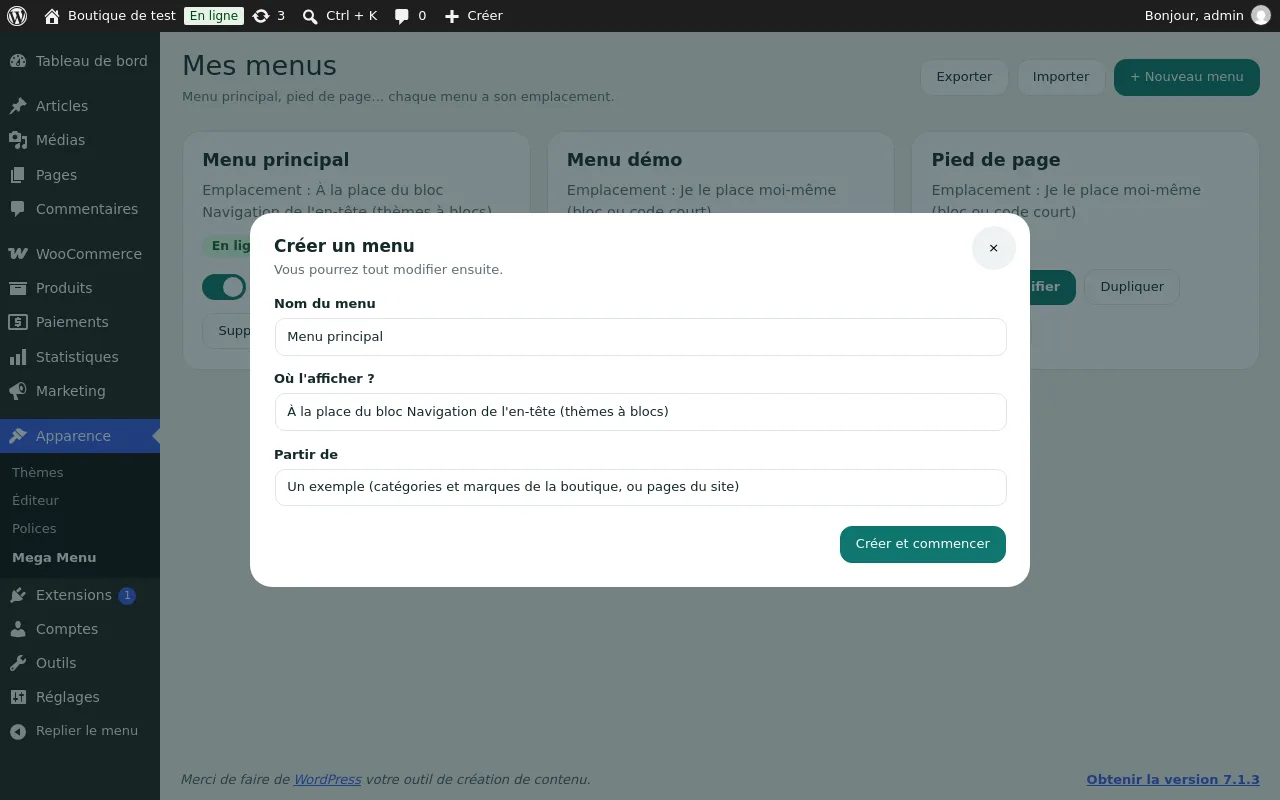 Fenêtre « Créer un menu »