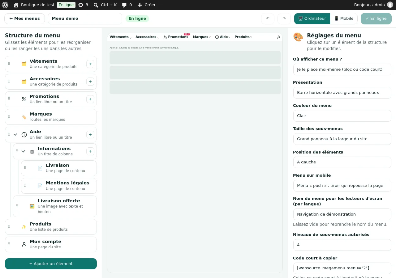 Éditeur : structure, aperçu et réglages du menu