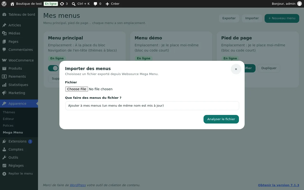 Fenêtre « Importer des menus »