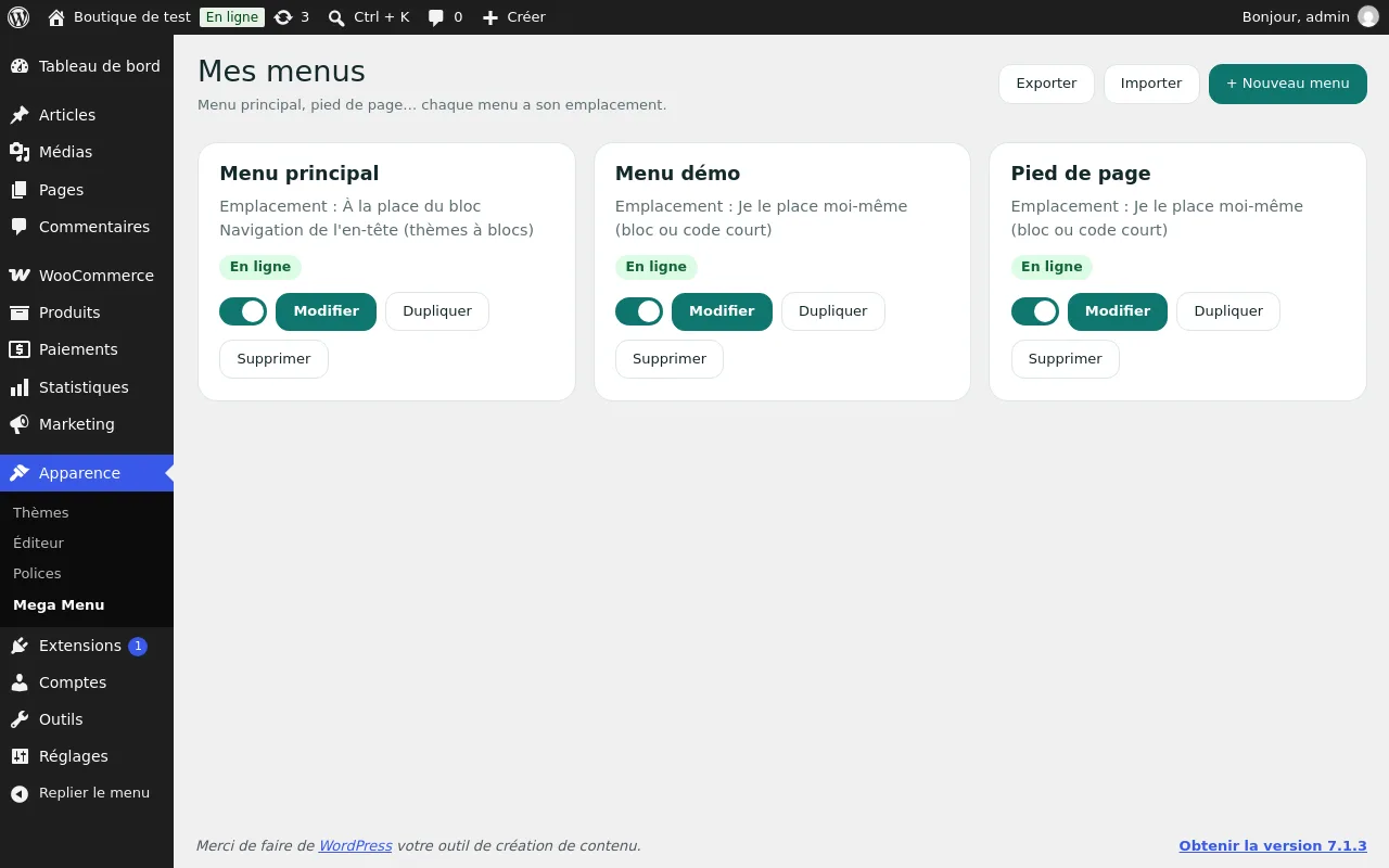 Liste des menus