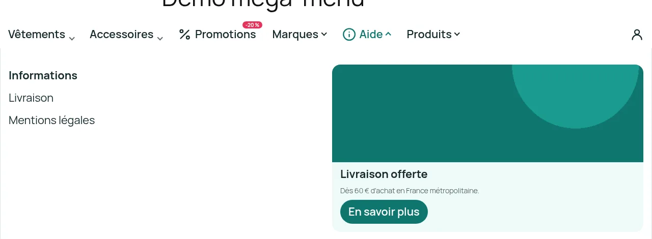 Méga-menu ouvert sur un panneau avec colonne de liens et visuel