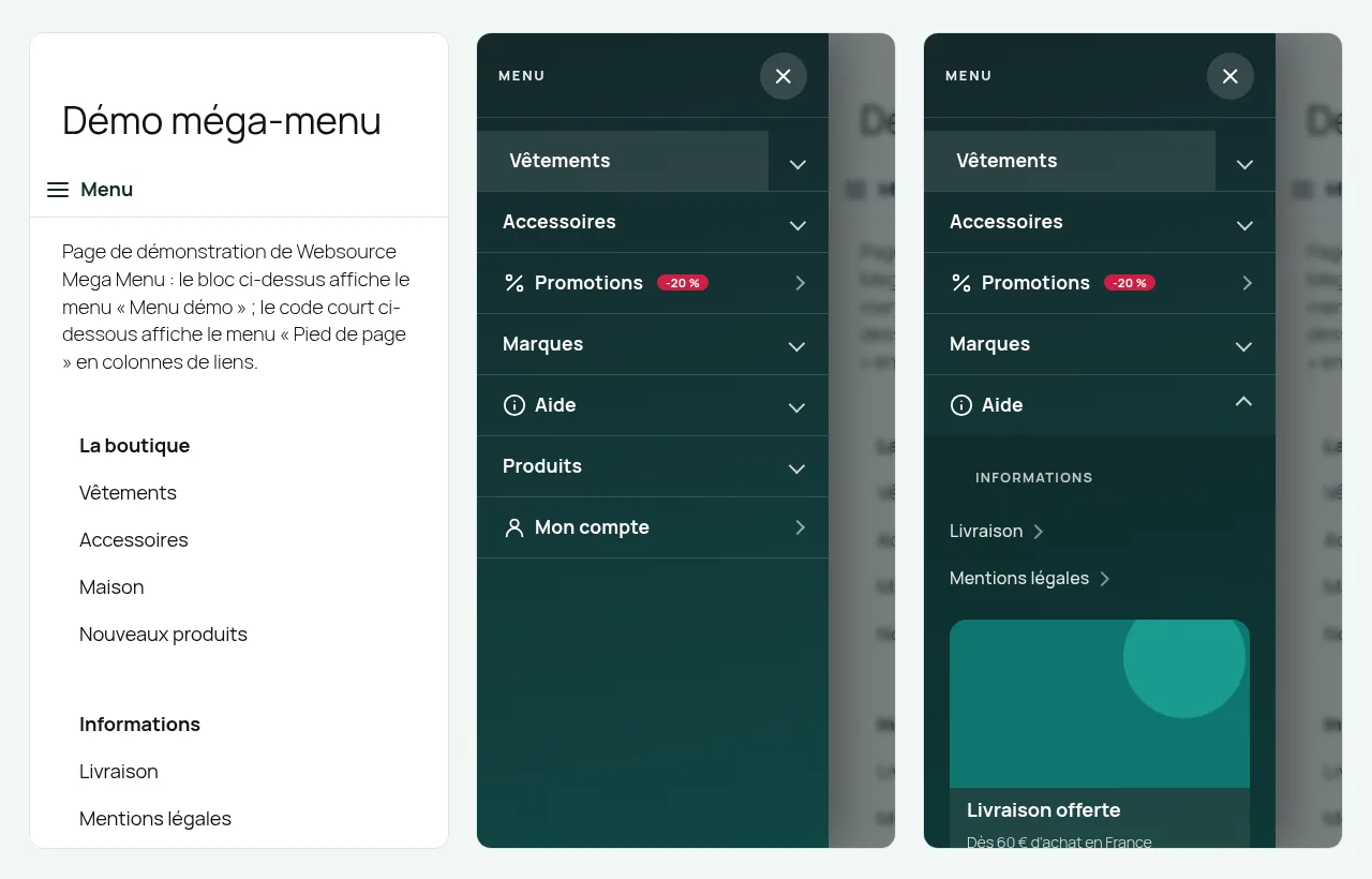 Menu sur mobile : bouton Menu, tiroir ouvert, sous-menu déplié