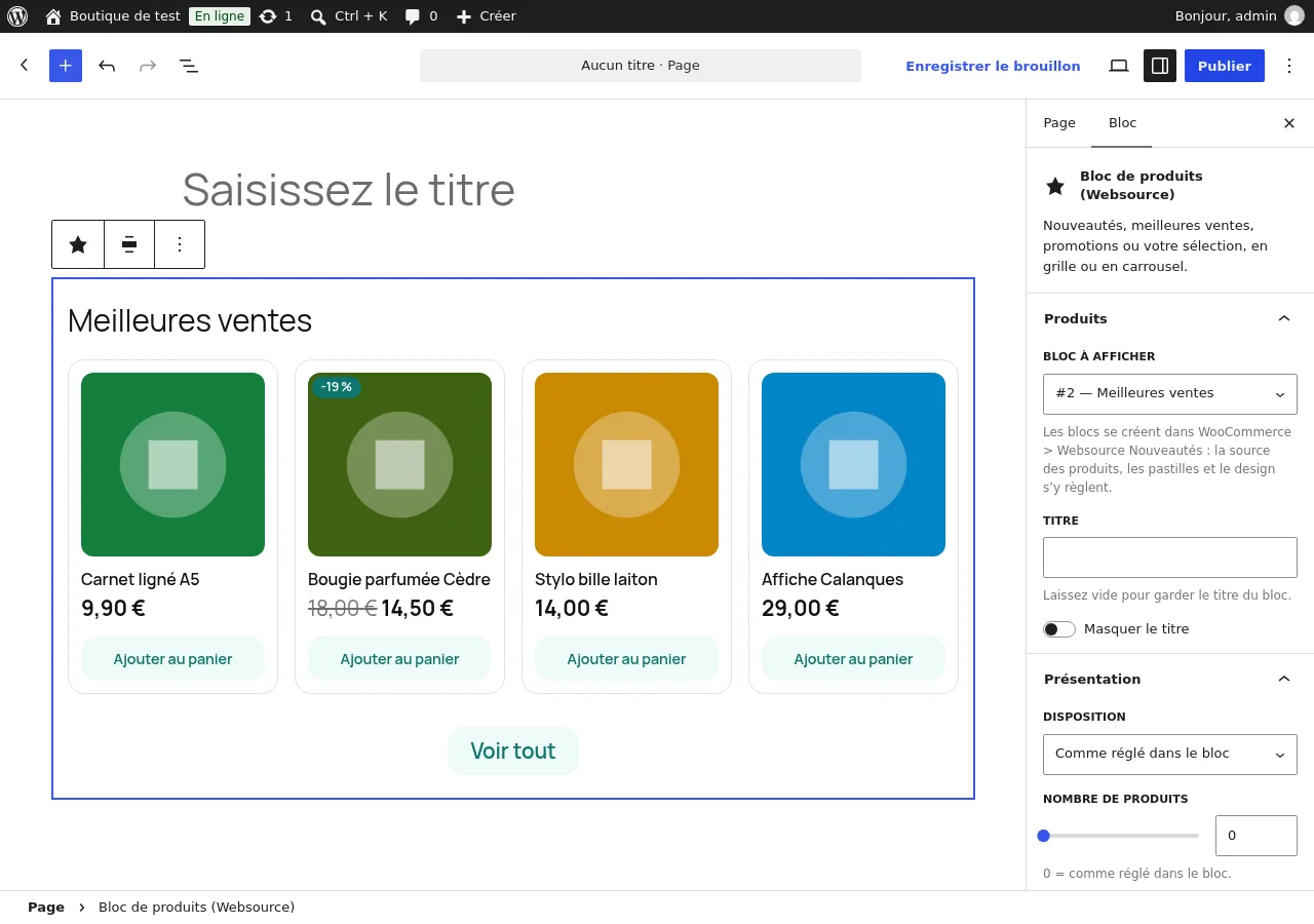 Bloc de produits dans l'éditeur