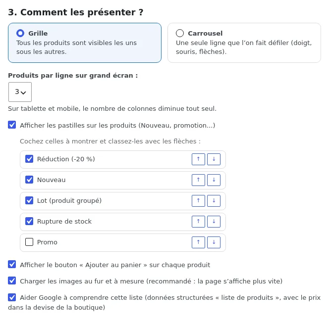 Présentation : grille ou carrousel, pastilles