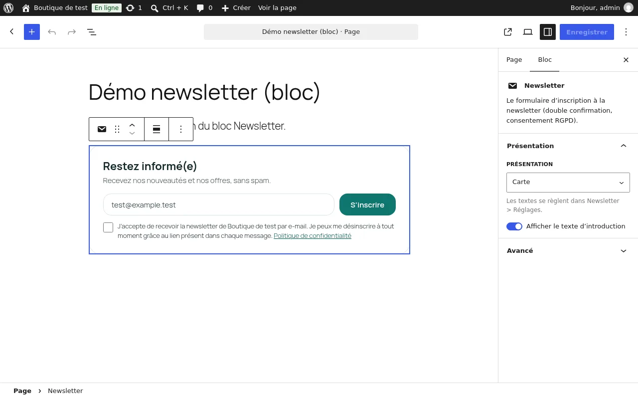 Bloc Newsletter dans l'éditeur