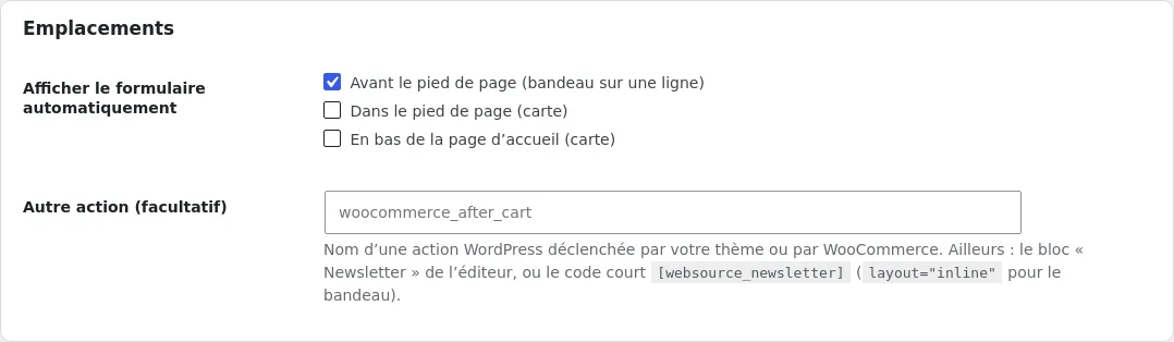 Emplacements du formulaire