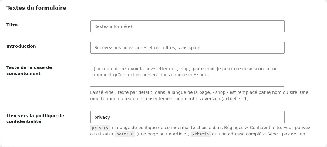Textes du formulaire