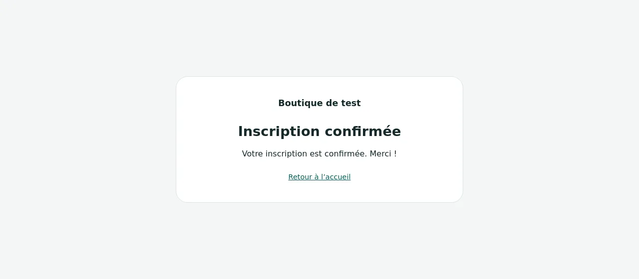 Page de confirmation de l'inscription