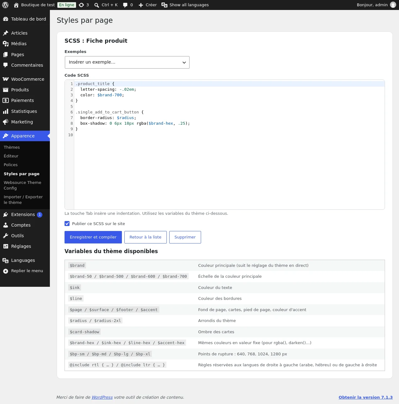 Éditeur SCSS d'une page