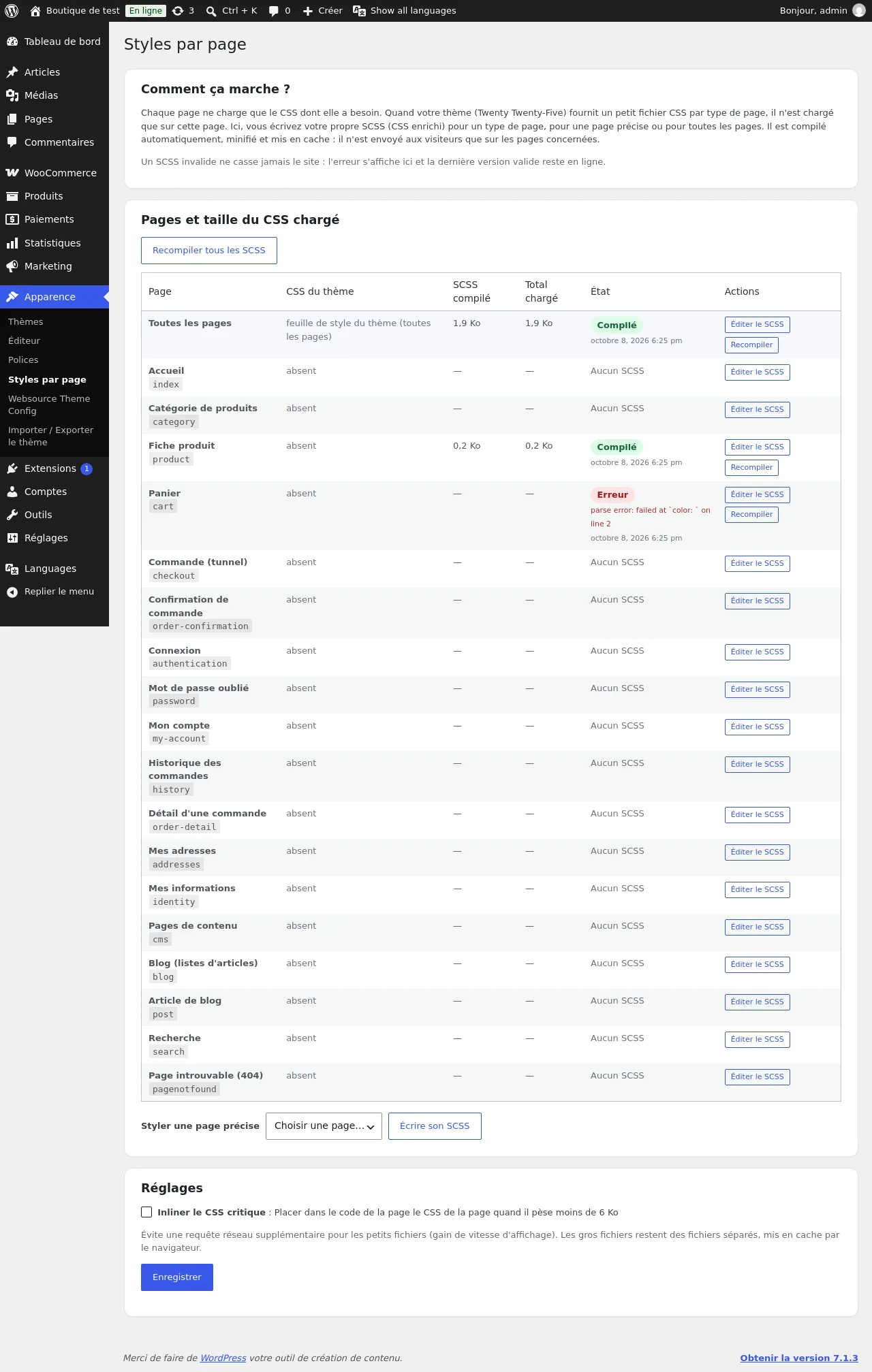 Liste des pages et taille du CSS chargé
