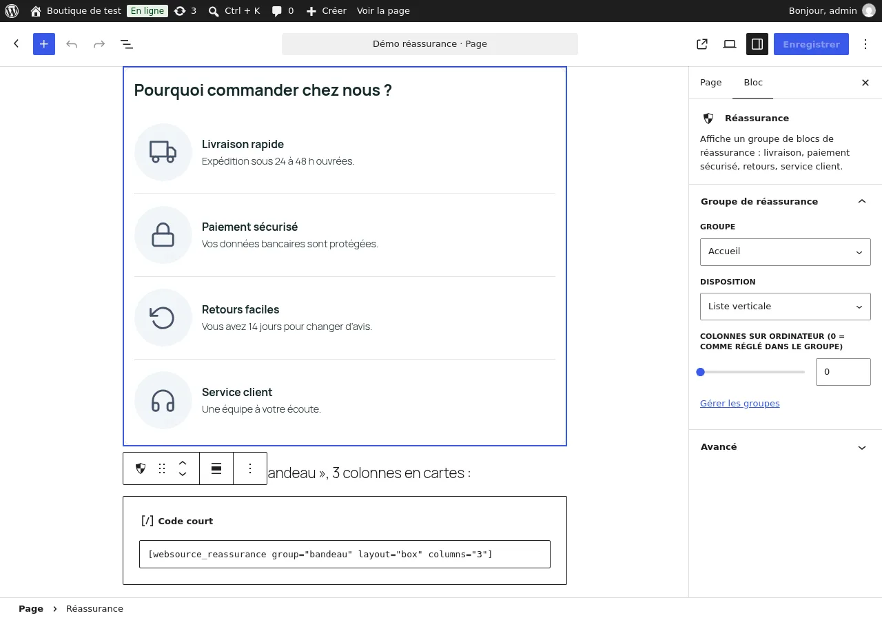 Bloc « Réassurance » dans l'éditeur de WordPress