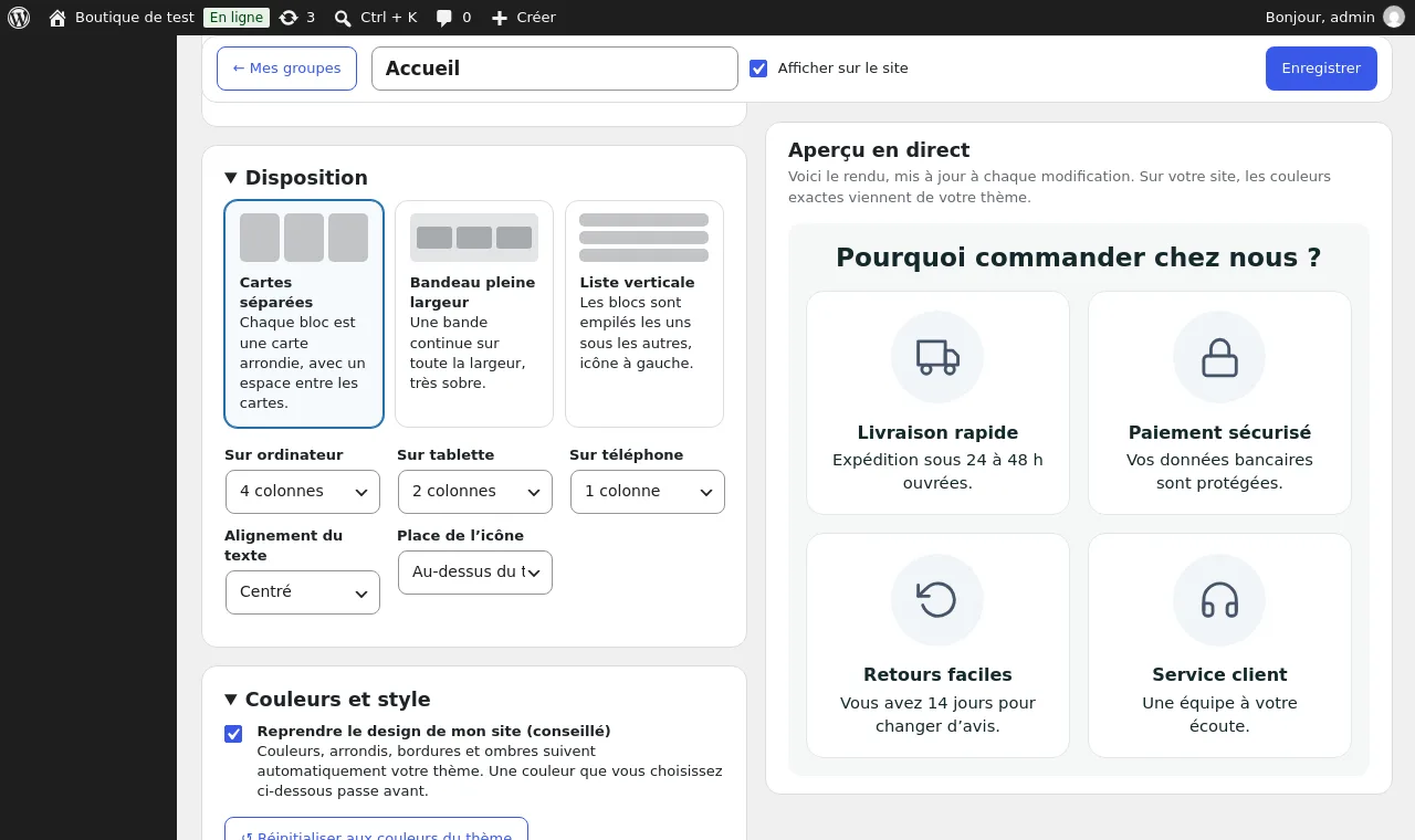 Réglages de disposition