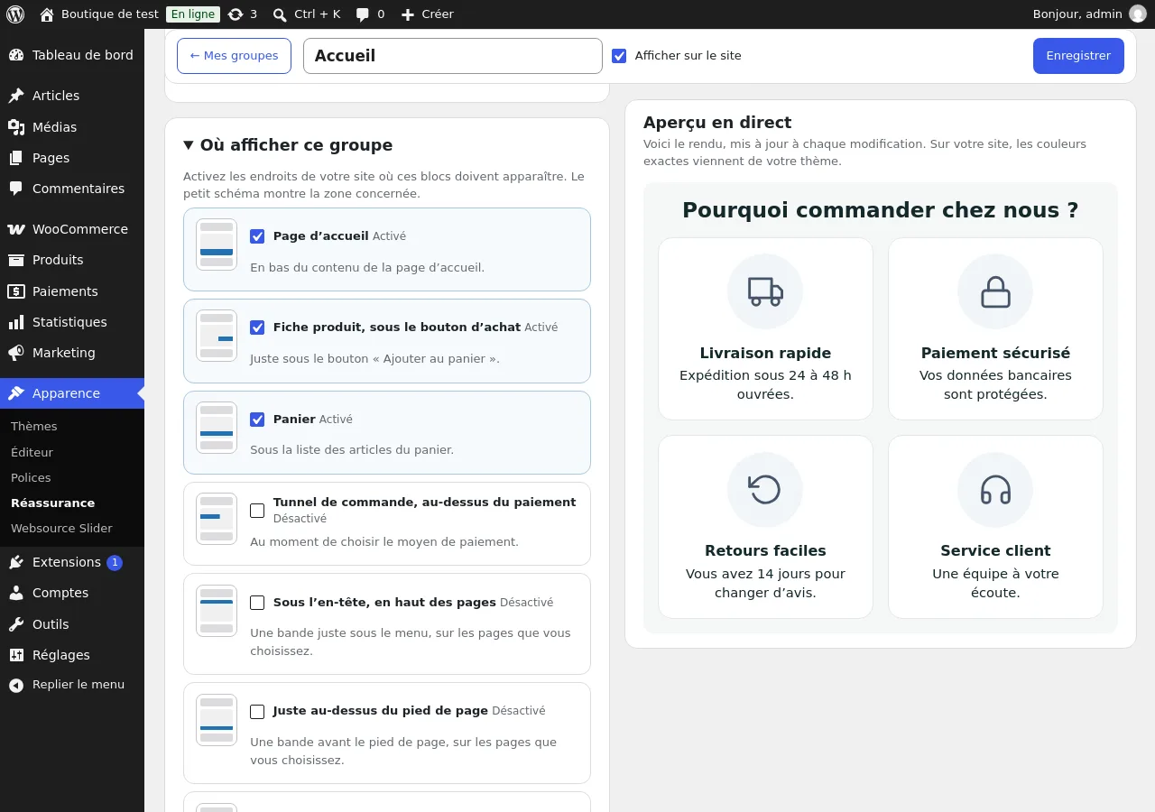 Choix des emplacements