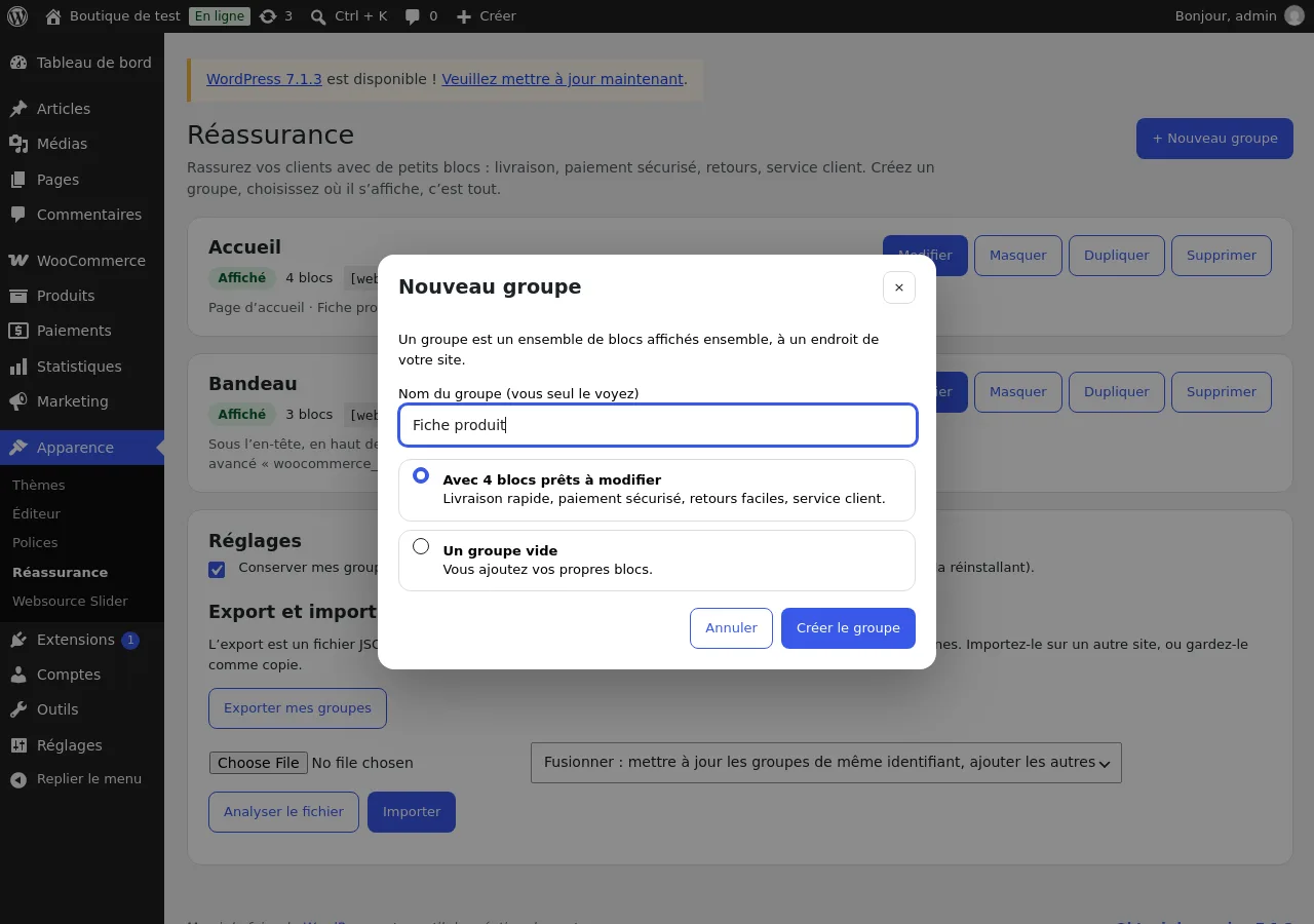 Fenêtre « Nouveau groupe »