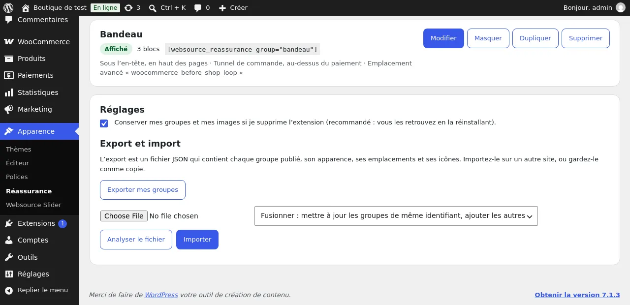 Réglages, export et import