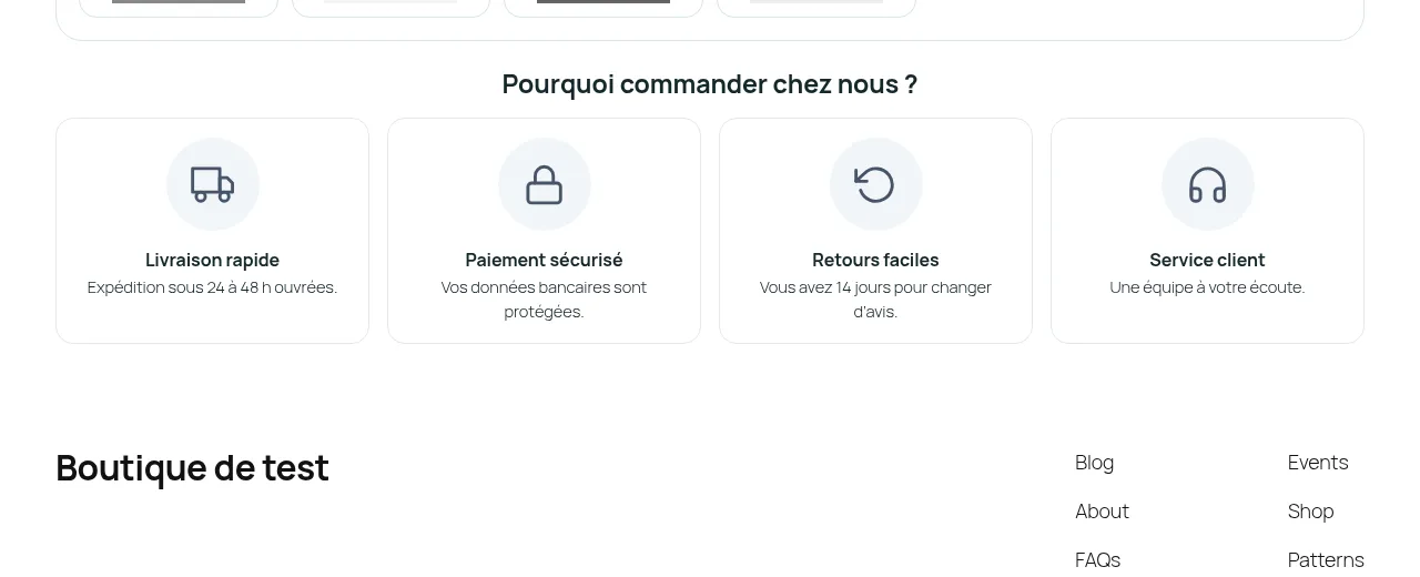 Blocs de réassurance affichés en bas de la page d'accueil