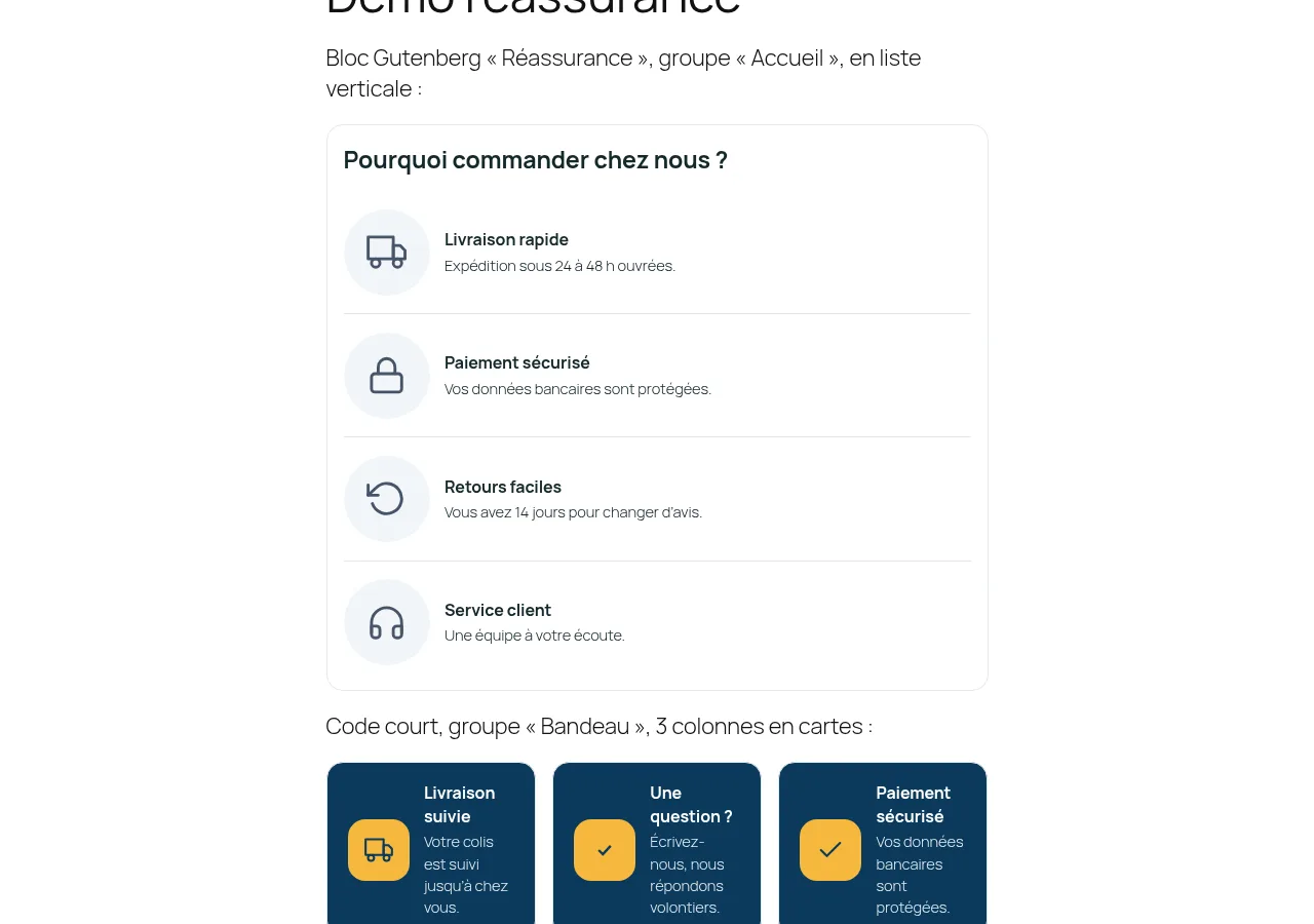 Un bloc en liste verticale et un code court en cartes dans une page