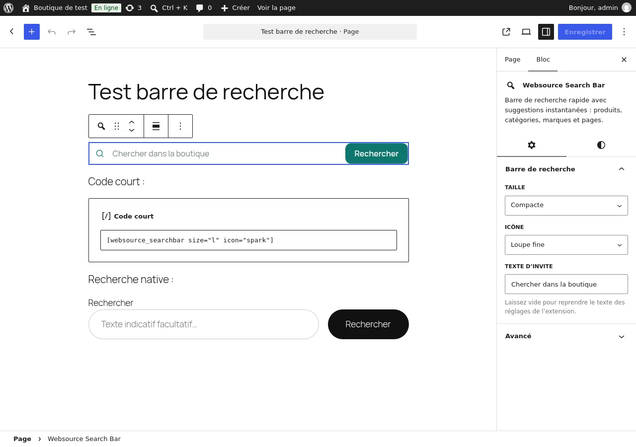 Le bloc Websource Search Bar dans l'éditeur, avec ses réglages dans le panneau de droite