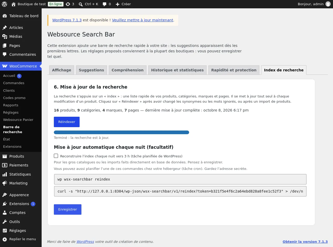 Onglet Index de recherche : contenu de l'index, bouton Réindexer, mise à jour automatique