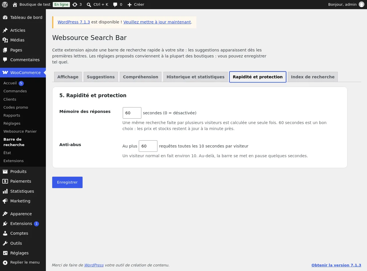 Onglet Rapidité et protection : mémoire des réponses et anti-abus