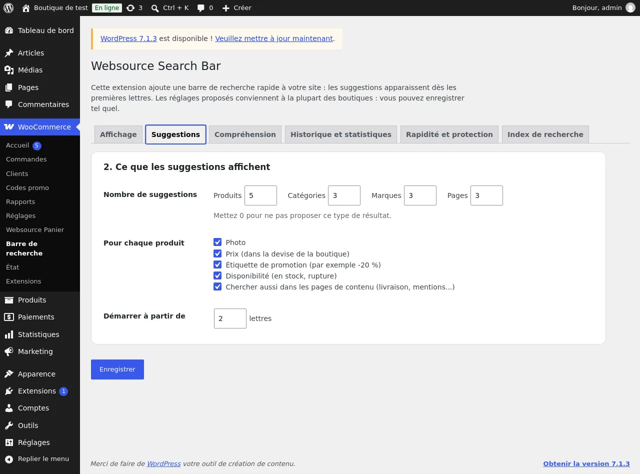 Onglet Suggestions : nombre de suggestions par groupe et informations affichées pour chaque produit