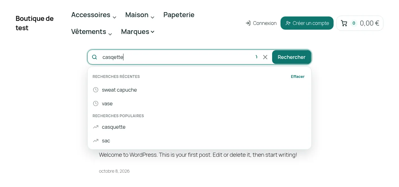 Recherche avec une faute de frappe : la barre propose « Vous vouliez dire casquette ? »