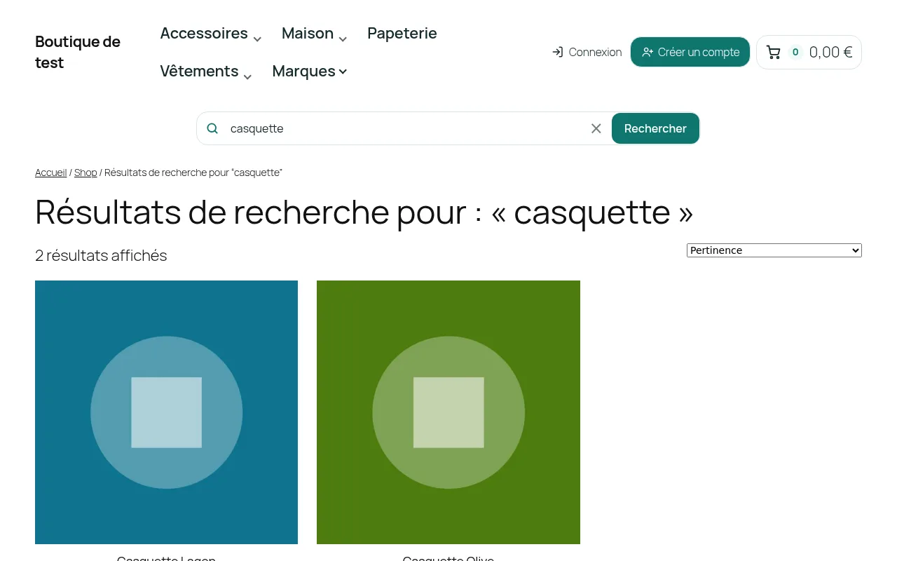 Page de résultats de WooCommerce ouverte après avoir validé la recherche « casquette »