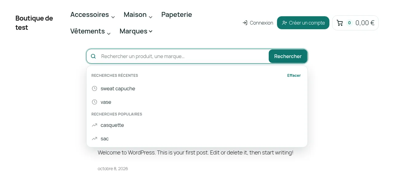 Recherches récentes du visiteur et recherches populaires, affichées au clic dans la barre