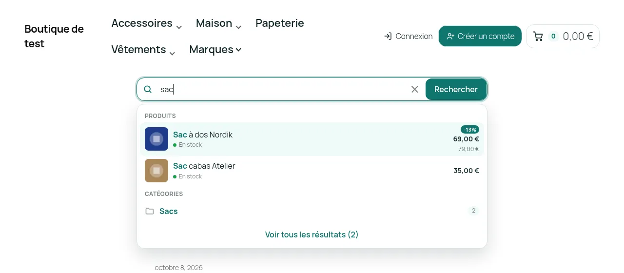 Suggestions affichées pour « sac » : produits avec photo, prix et promotion, puis catégories