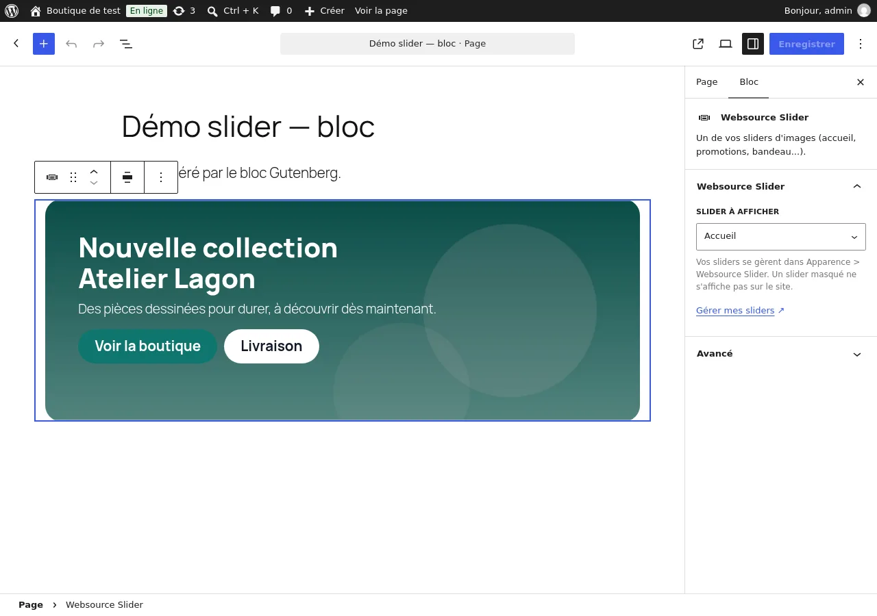 Bloc Websource Slider dans l'éditeur de pages, avec le choix du slider à droite