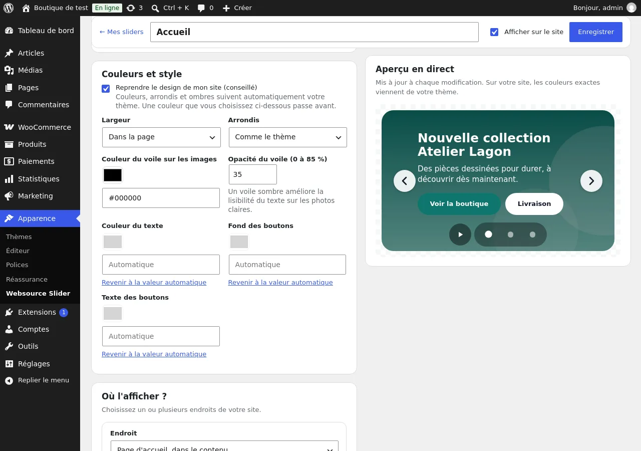 Réglages de couleurs et de style du slider
