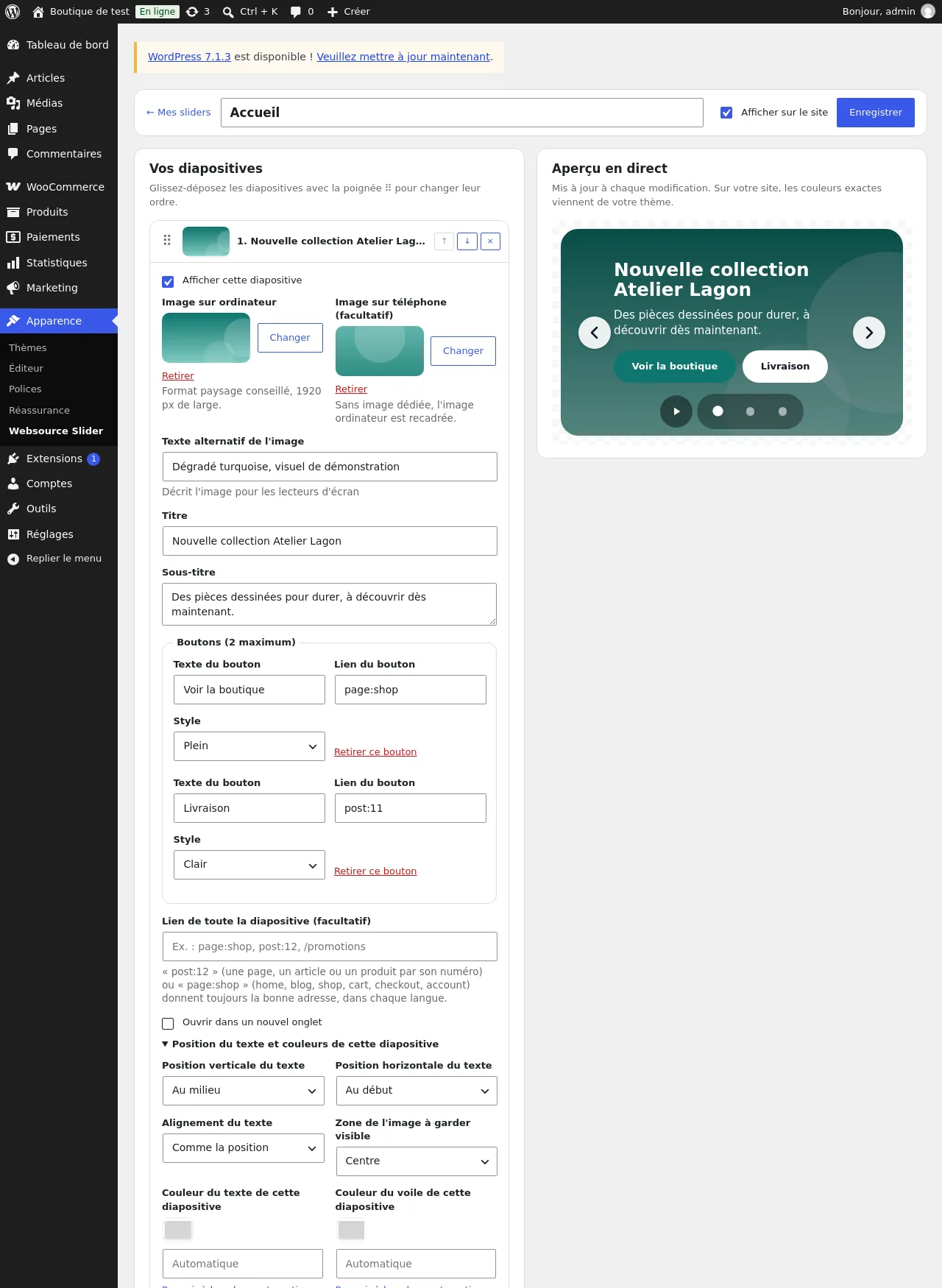 Réglages d'une diapositive : images, textes, boutons, lien et position du texte