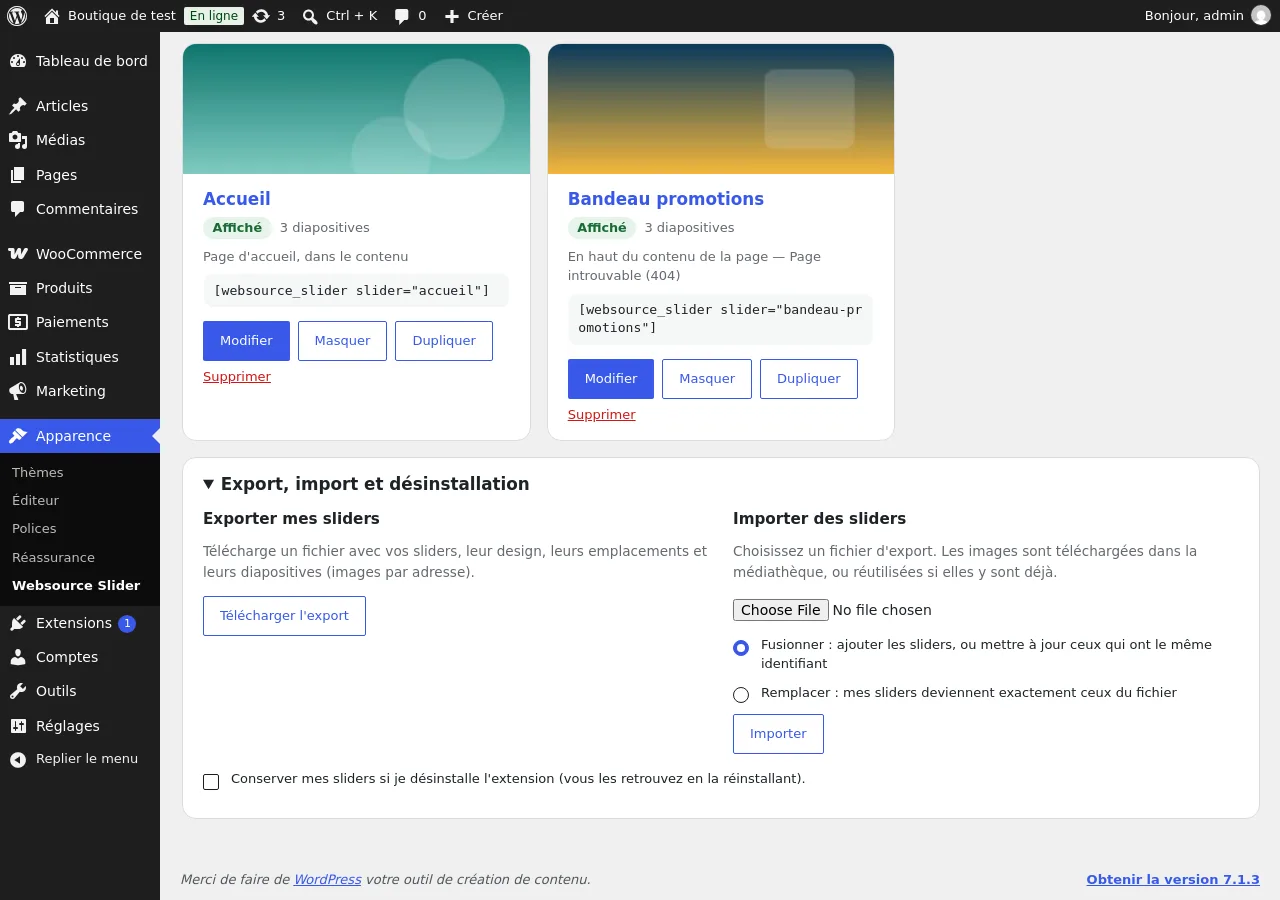 Export et import des sliders, et option de conservation à la désinstallation