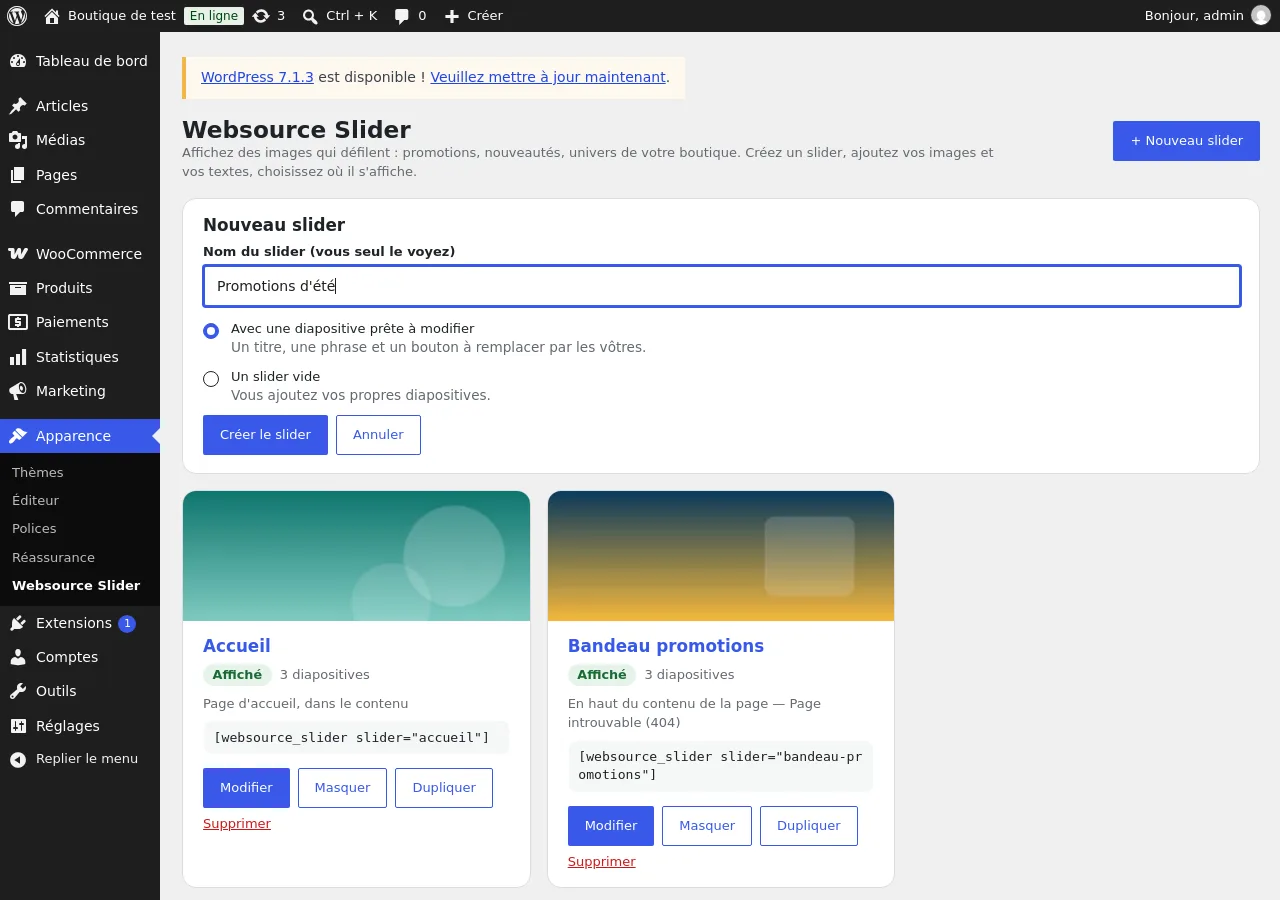 Création d'un nouveau slider : nom et modèle de départ
