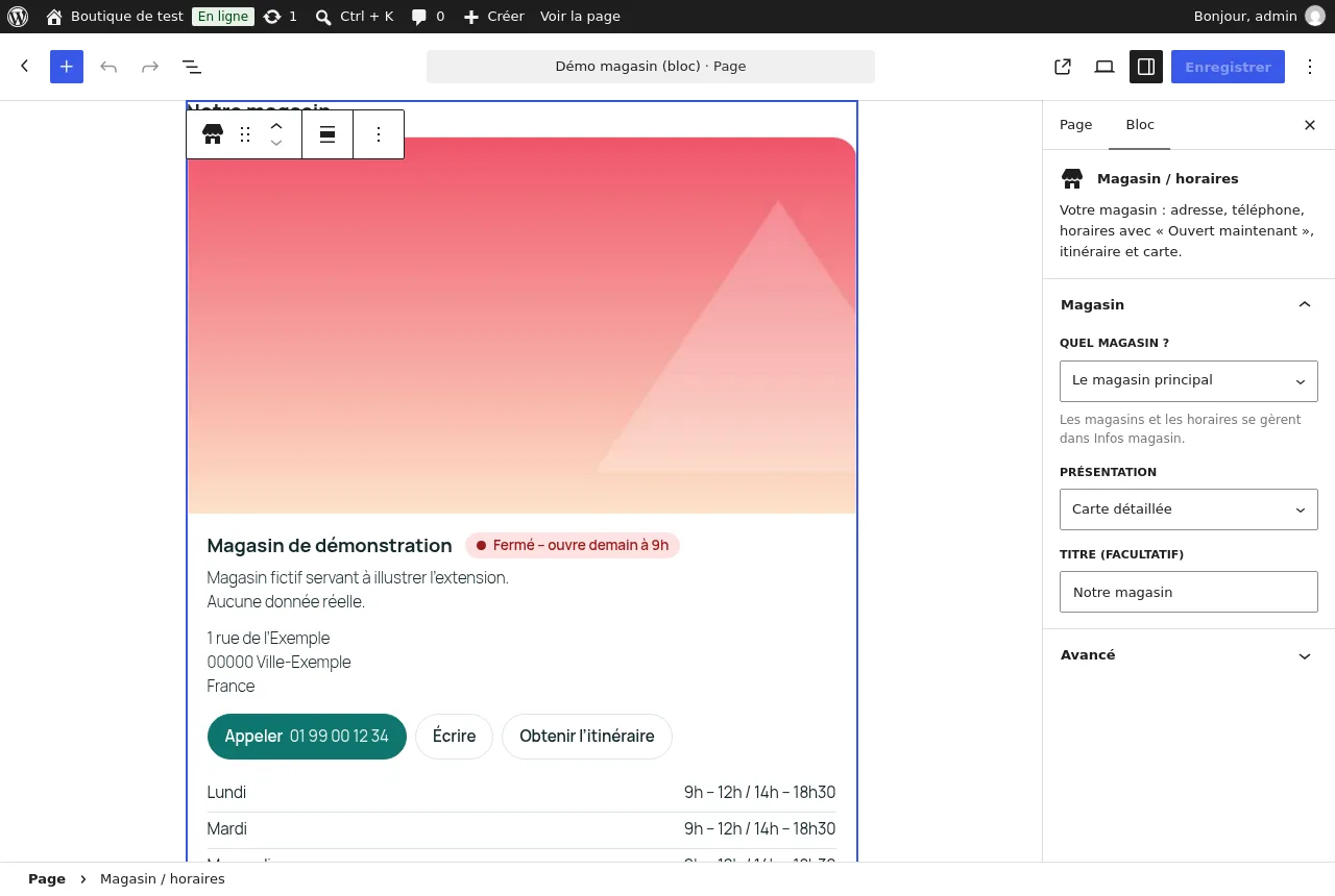 Bloc Magasin / horaires dans l'éditeur