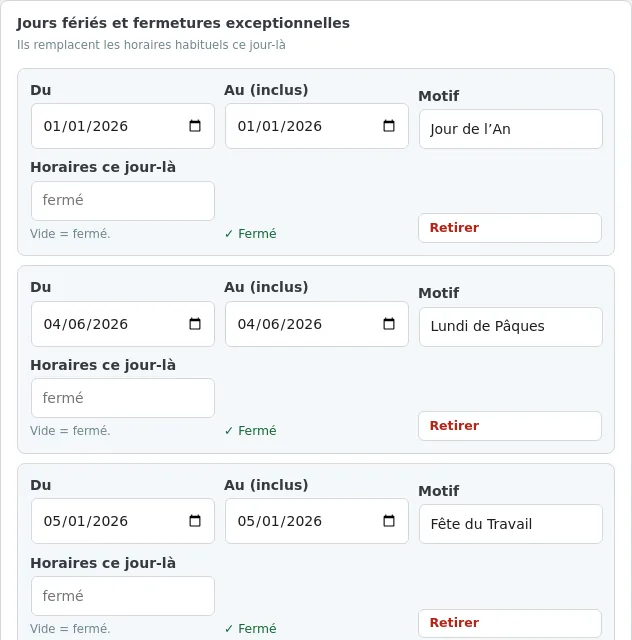 Fermetures exceptionnelles