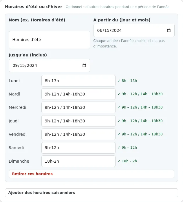 Horaires saisonniers